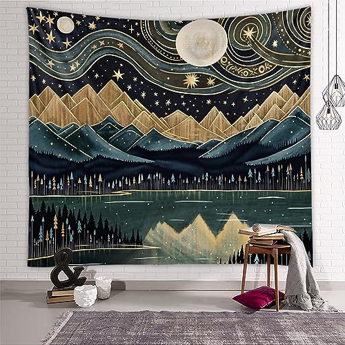 Tapzen Mountain Forest Tapestry - Boho Landscape Moon Stars Wall Hanging for Bedroom, Living Room, Classroom, Dorm (40 x 30 inches)