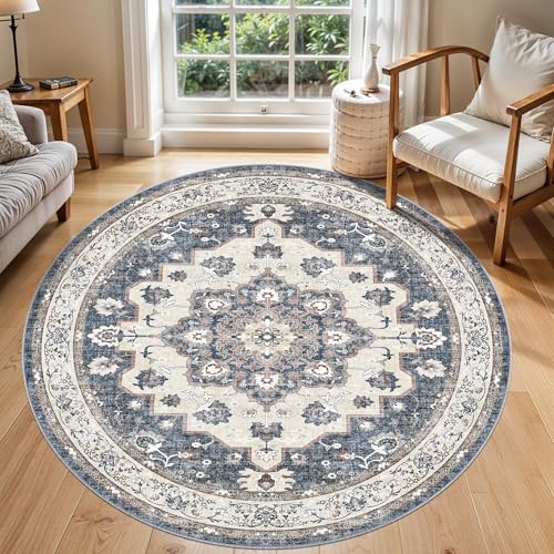 Washable Living Room Circle Rug: 6ft Round Rugs for Bedroom Dining Room Indoor Oriental Ultra Thin Soft Carpet Water Resistant Floral Distressed Non-Shedding Floor Carpets Home Decor (6ft-Round,Blue)