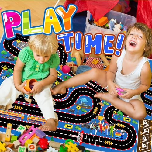 Kids Car Rug for Play Toy Cars, 31''x47'' Race Track Playmat Carpet Kid Play Road Rug for Playroom Classroom Kids Room,Karting Road Racing Track Floor Mat Rugs for Bedroom.