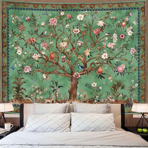 Boho Tree of LIfe Tapestry, Vintage Flower Leaves Birds Plant Animal Pattern Tapestries, Retro Indian Bohemian Aesthetic Wall Hanging Green 36×48 inch