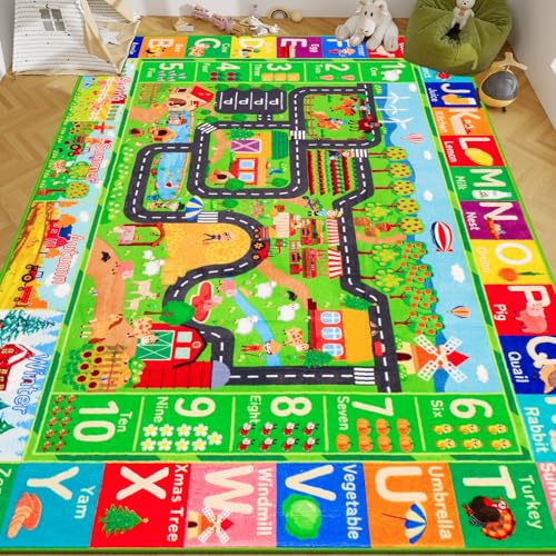 Kids Rug for Car Toy Farm Track View, Farm Life Road Traffic for Playroom Kids, Educational Play Mat for Toddlers Nursery Classroom (3-ABC Farm, S-59×39.4")