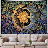 Sun and Moon Tapestry Psychedelic Mystic Floral Tapestry Hippie Boho Flower Plants Wall Tapestries Vintage Aesthetic Tapestries Wall Hanging for Bedroom