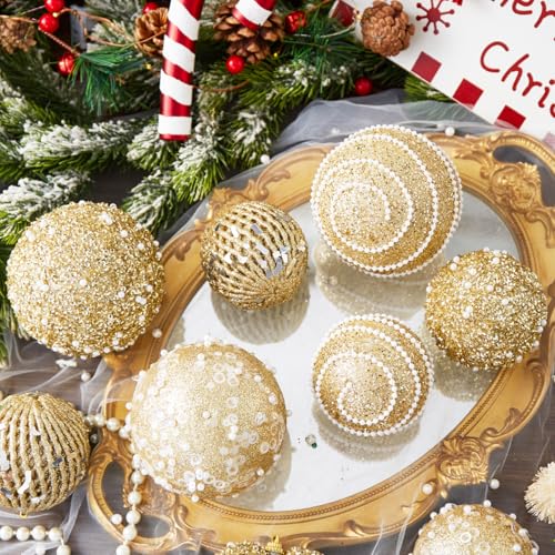 Gold Christmas Ball Ornaments, Christmas Ball Decorations Shatterproof Plastic Hanging Pearl Balls for Holiday Party(70mm/2.76", 12ct)