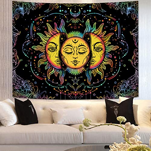 Lifeella Blacklight Sun and Moon Tapestry, UV Reactive Burning Sun Tapestries Glow in Dark Aesthetic Mystic Wall Hanging Colorful (Mutil, 36"×48" (90×120cm))