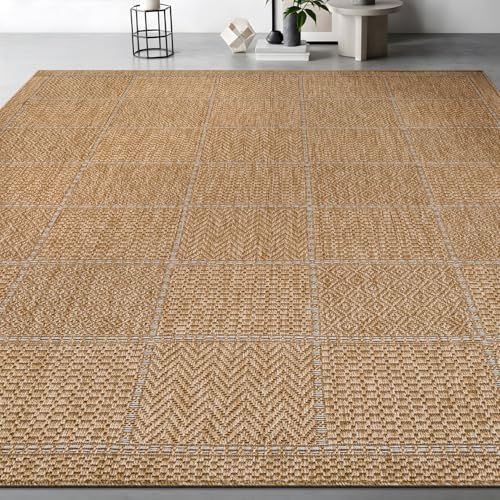 Beverly Rug Easy Jute Checkered Squared Rug 9x12 Washable Large Indoor Outdoor Area Rugs for Living Dining Room Patio Office Stain Resistant Non Shedding Casual Indoor Outside Carpet 9 x 12 Natural