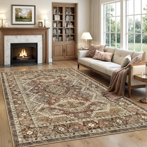 Rugland 5x7 Area Rugs for Living Room, Vintage Washable Area Rug, Rust