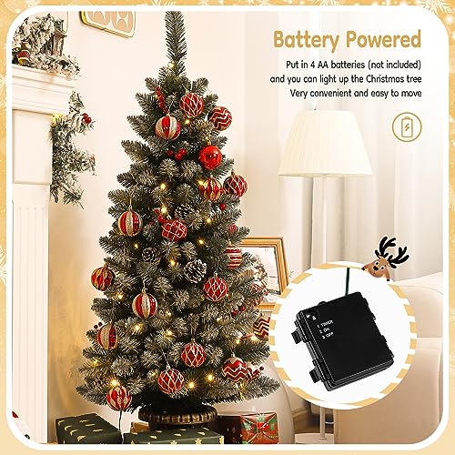 Decoway 4ft Christmas Tree Pre-Lit Artificial Mini Trees with Gold Pot Base, Flocked Snow 70 Warm White Led Lights Pine Cones Red Berries, for Entrances, Home Decorations Holiday Decor