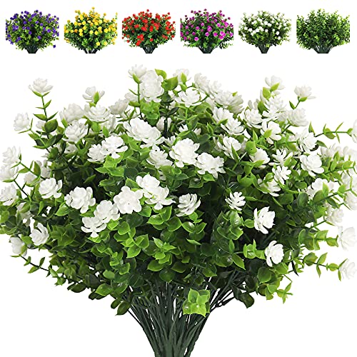 RECUTMS Artificial Flowers, Fake Boxwood Outdoor UV Resistant Plants Artificial Springs Flowers Eucalyptus Greenery Shrubs Bridal Wedding Bouquet for Home Garden Party Wedding Decoration,8Pcs(White)