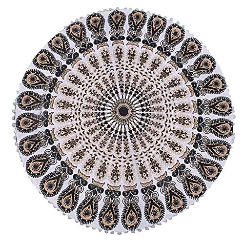 Mandala Floor Pillow Cushion Seating Throw Cover Hippie Decorative Bohemian Ottoman Poufs, Pom Pom Pillow Cases,Boho Indian (32 Inches, Gold Black)