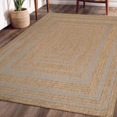 Beverly Rug Easy Jute Framed Border Rug 10x14 Washable Large Indoor Outdoor Area Rugs for Living Dining Room Patio Office Stain Resistant Non Shedding Casual Indoor Outside Carpet 10 x 14 Natural