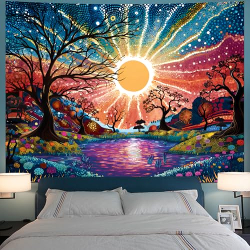 Serborlur Tree of Life Tapestry Trippy Sun Forest Tapestries Colorful Starry Sky Tapestries Hippie Nature Landscape Tapestry Wall Hanging for Living Room Bedroom (39.4" x 52.4")