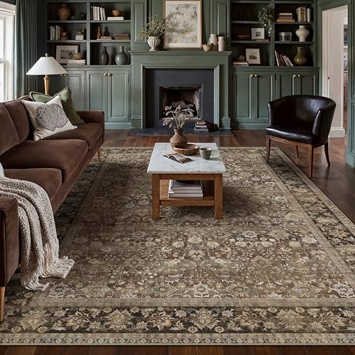 HUGEAR 8x10 Machine Washable Rugs Brown Hallway Large Area Rug Indoor Accent Rug Floral Low Pile Carpet Soft Throw Aesthetic Rug Bedroom Living Room Office Dining Room Kitchen Laundry Room