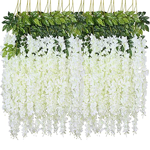 WEISPARK Fake Hanging Flowers - 12 Pieces 3.75 Feet/Piece Artificial Wisteria Vine Ratta Hanging Garland Silk Flowers for Home Party Wedding Decor (White)