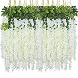 WEISPARK Fake Hanging Flowers - 12 Pieces 3.75 Feet/Piece Artificial Wisteria Vine Ratta Hanging Garland Silk Flowers for Home Party Wedding Decor (White)