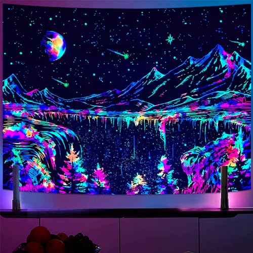 Zussun Blacklight Mountain Tapestry Starry Night Tapestries for Bedroom Aesthetic Moon and Stars Tapastry Wall Hanging Glow in The Dark Nature Forest Wall Tapestry for Living Room Dorm (48'' × 36'')