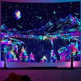 Zussun Blacklight Mountain Tapestry Starry Night Tapestries for Bedroom Aesthetic Moon and Stars Tapastry Wall Hanging Glow in The Dark Nature Forest Wall Tapestry for Living Room Dorm (48'' × 36'')