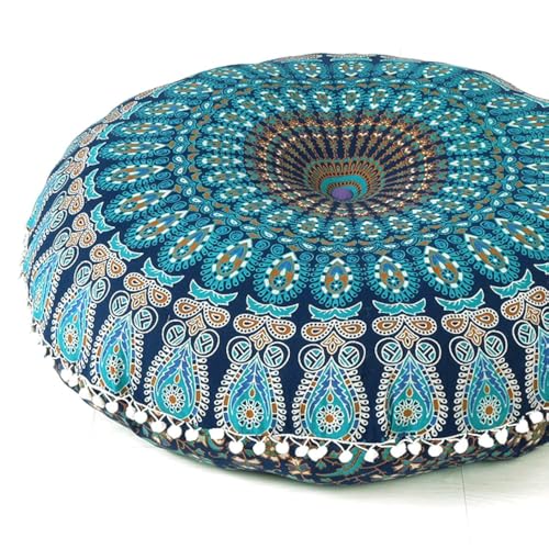 Mandala Floor Pillow Cover Meditation Cushion Seating Throw Hippie Round Colorful Decorative Bohemian Indian Pouf Ottoman Handmade Cover ONLY (A1 Dark Blue-1, 32" x 32")