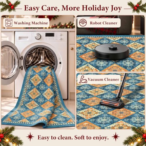 Blue Christmas Runner Rug 2x6, Washable Rug for Hallway, Checkered