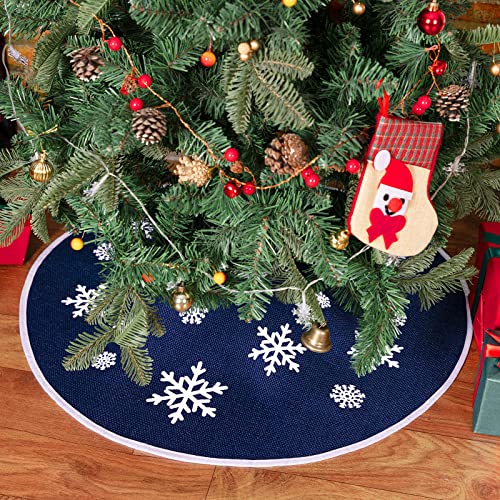 N&T NIETING Christmas Tree Skirt, 30 Inch Rustic Burlap Tree Skirt with Snowflakes Printed Christmas Tree Mat for Xmas Holiday Party Decoration, Dark Blue