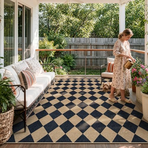 Lahome Checkered Easy Jute Outdoor Patio Rug, 8x10 Living Room Rug Washable