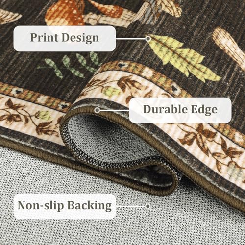 ROYHOME Mushroom Washable Rug 5x7 Area Rugs for Living Room, Insect Print Rug for Bedroom, Non Slip Throw Carpet with Rubber Back, Soft Low Pile Dining Room, Brown