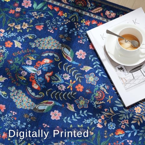 Rugcomf Door Mat 2x3 Small Area Rug Floral Washable Non Slip, Blue