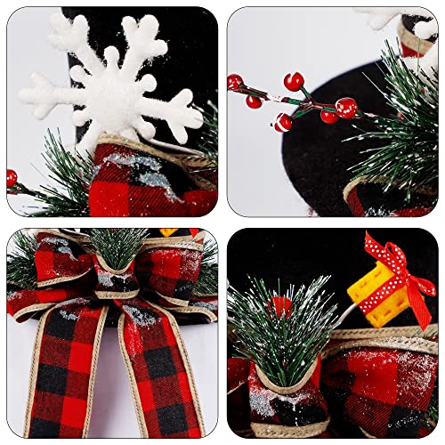 yofit Christmas Tree Topper Hat, Black Velvet Hat with Red Buffalo Plaid Bow Red Berry Snowflake, Christmas Tree Decorations Top Hat, Desktop Ornaments for Home Holiday Winter Decor