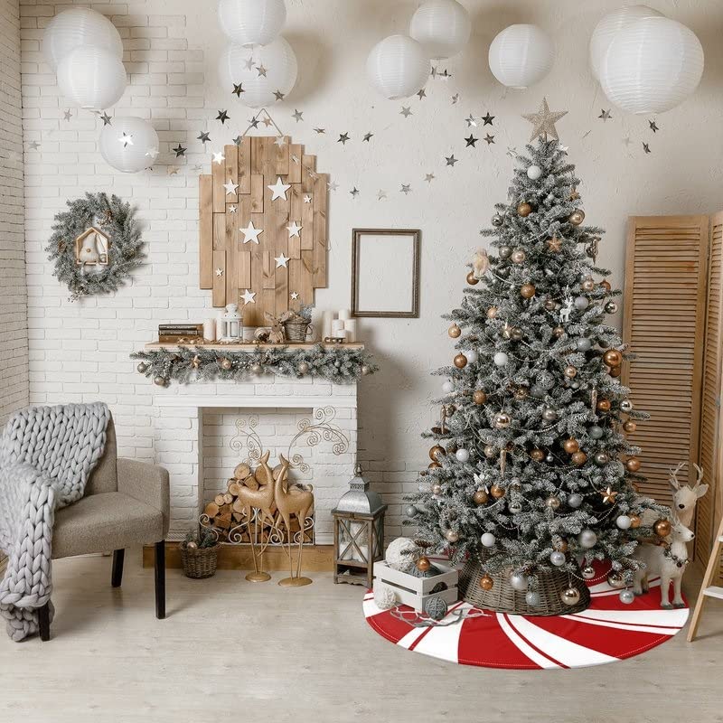 36 Inch Red Swirl Christmas Tree Skirt Sweet Candy Cane Red and White Ornaments Home Party Decoration