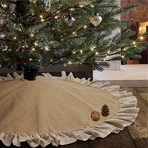 Spring Summer Burlap Tree Skirt with Ruffle Border, 48 inch Linen Rustic Farmhouse Tree Decorations Ornaments for All Season Thanksgiving Christmas Holiday Party Decor