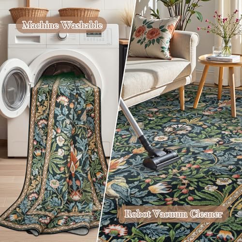 Boho Floral Kitchen Runner Rugs 2x5, Machine Washable Bathroom Rug Runner Non Slip, Soft Low-Pile Flower Botanical Indoor Carpet Runner for Entrance Entryway Bedroom Dorm Foyer, Navy Blue