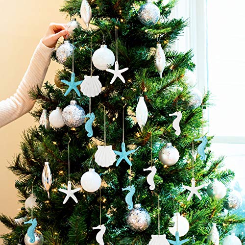 30 Pieces Beach Christmas Ornaments Bulk Tree Decorations Resin Starfish Seashells Seahorse Ocean Nautical Themed Hanging with Drilled Hole Rope for Wedding Gift Wreath Decor DIY(Blue, White)
