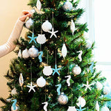 30 Pieces Beach Christmas Ornaments Bulk Tree Decorations Resin Starfish Seashells Seahorse Ocean Nautical Themed Hanging with Drilled Hole Rope for Wedding Gift Wreath Decor DIY(Blue, White)