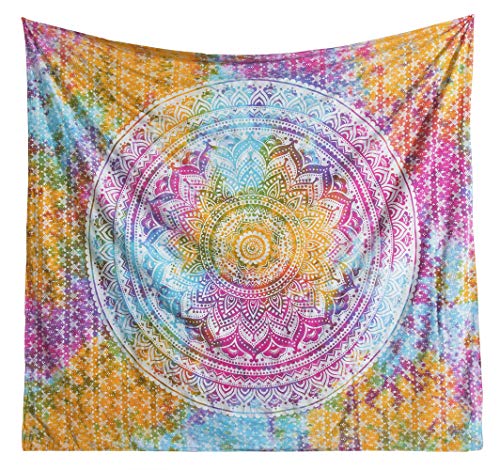 Popular Handicrafts Tapestry Wall Hanging Hippie Mandala Bohemian Hippy Medallion Psychedelic Ombre Design Indian Tapestries Bedspread 53 x 80 Iches (134cm x 203cm) Multicolor Tie Dye