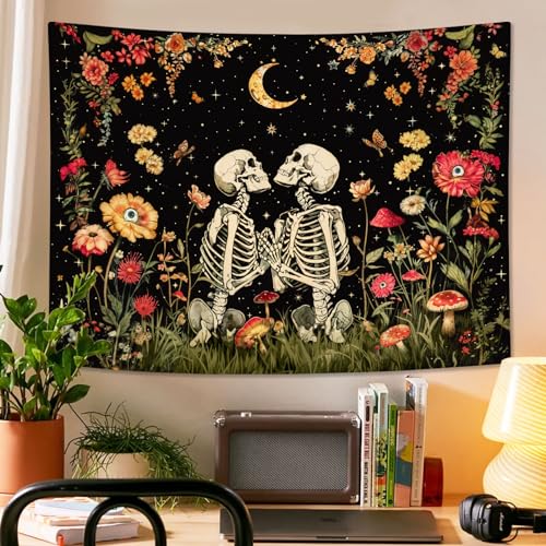 Wegklazax Floral Skeleton Lovers Tapestry Aesthetic Skull Gothic Tapestry for Bedroom The Lovers Wall Hanging for Bedroom Living Room Skull 36×48 Inches