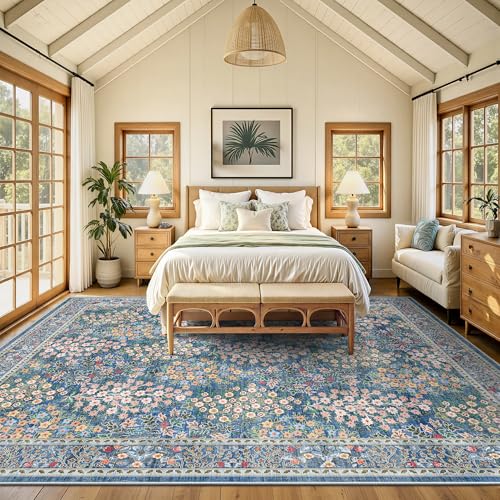 9x12 Large Area Rugs, Machine Washable Low Pile Floral Rugs for Living Room, Bedroom, Boho Style with Non-Slip Backing Nursery Rug(Blue Floral)