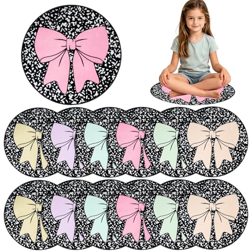 12 Pcs Bow Carpet Circle Seats for Classroom Decorations 16 Inch Non-Slip Composition Notebook Classroom Carpet Rug Soft Floor Cushions Pastel Small Floor Mat for Preschool Daycare Reading Corner