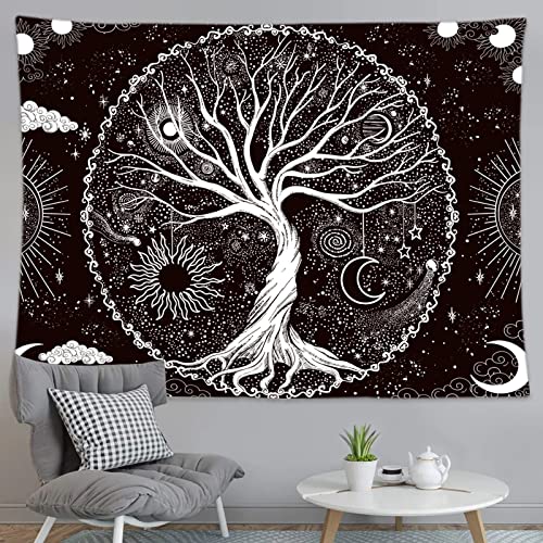 Wonrizon Tree of Life Tapestry,Black and White Galaxy Space Tapestries Aesthetic Psychedelic Wall Hanging decor for Living Room Bedroom (51.2" x 59.1")