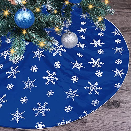 Bunny Chorus Christmas Tree Skirt, 36 inches Blue Mercerized Velvet Skirt with Silver Sequin Snowflake for Rustic Xmas Tree Holiday Decorations