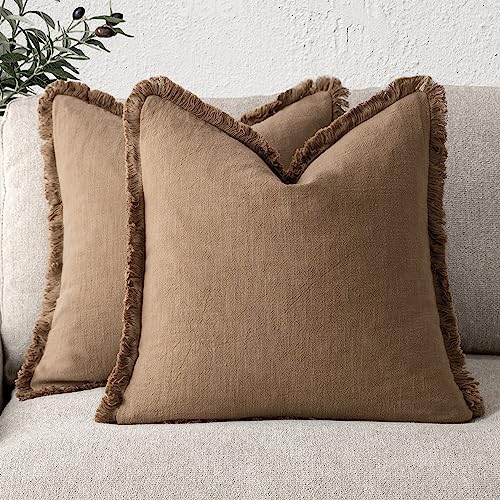 Foindtower Decorative Linen Fringe Throw Pillow Covers 26×26 Khaki Brown