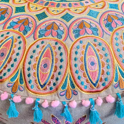 Mandala Life ART Moroccan Large Floor Pillow Cover with Tassels and Ponpon Bedroom Décor Round Pouf Ottoman Boho Chic Seating Area Beanbag