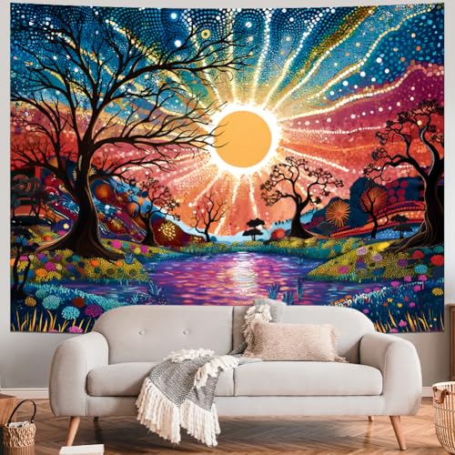 Serborlur Tree of Life Tapestry Trippy Sun Forest Tapestries Colorful Starry Sky Tapestries Hippie Nature Landscape Tapestry Wall Hanging for Living Room Bedroom (39.4" x 52.4")