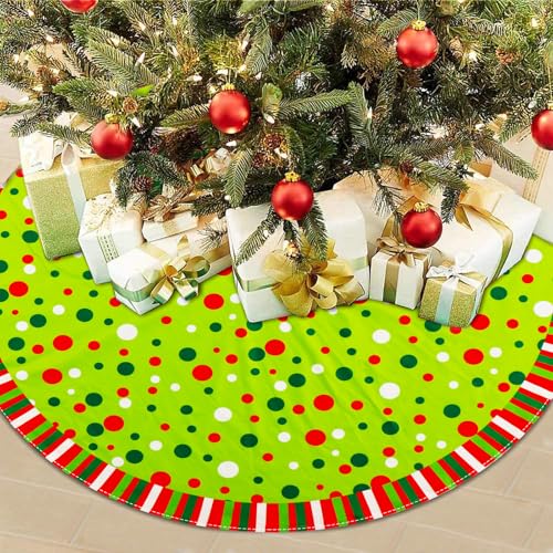 Christmas Tree Skirt 48 Inches, Velvet Stripes Trimmed Tree Skirt with Red Green White Polka Dots Design for Holiday Party Decor