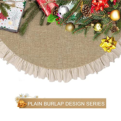 Summer Burlap Tree Skirt 48'', Large Tree Skirt with Ruffle Border, Rustic Farmhouse Decorations Tree Ornaments, Brown Linen Tree Mat for Wedding Boho Coastal Holiday Party Decor