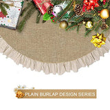 Summer Burlap Tree Skirt 48'', Large Tree Skirt with Ruffle Border, Rustic Farmhouse Decorations Tree Ornaments, Brown Linen Tree Mat for Wedding Boho Coastal Holiday Party Decor