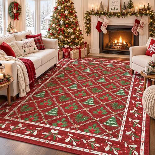 Red Christmas Rug 5x7 for Living Room, Bedroom, Playroom, Nursery Room Machine Washable Low Pile with Non-Slip Backing Christmas Decor for Home (Xmas Red)