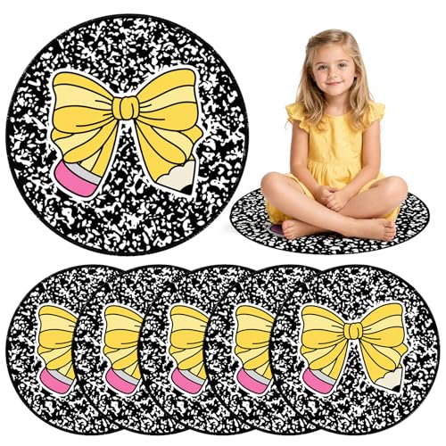 6 Pcs Pencil Bow Carpet Circle Seats for Classroom Decorations 17 Inch Pencil Bow Composition Notebook Rug Bulk Non Slip Floor Cushion Mat for Preschool Kindergarten Daycare Reading Corner
