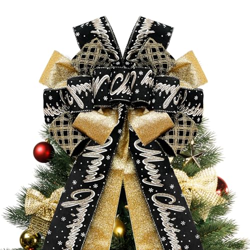 Christmas Tree Topper Bow,48''x 13'' Large Glitter Satin Christmas Wreath Bows Xmas Ornaments with Long Streamer Wired Edge Ribbon for Farmhouse Christmas Decoration (Black and Gold)