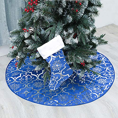 Christmas Tree Skirt, 48 inches Large Red Flannel Tree Mat with Gilded Christmas Patterns Skirt for Xmas Tree Holiday Party Decorations Indoor Outdoor with 1 Christmas Stocking (Blue)