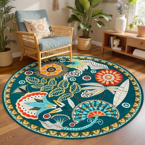 Joydeco Egypt Floral 5FT Round Rug, Washable Circle Bedroom Playroom Rug