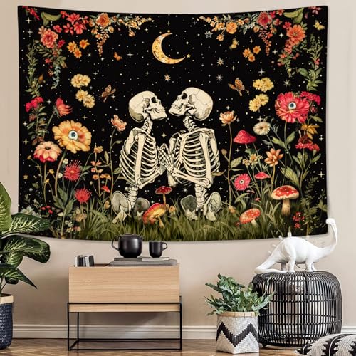Wegklazax Floral Skeleton Lovers Tapestry Aesthetic Skull Gothic Tapestry for Bedroom The Lovers Wall Hanging for Bedroom Living Room Skull 36×48 Inches
